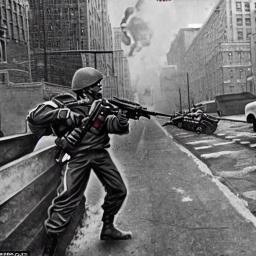 Image similar to Epic shootout between Soviet and American troops on the streets of New York, powerful explosions, retro futuristic style, super detail of each object,