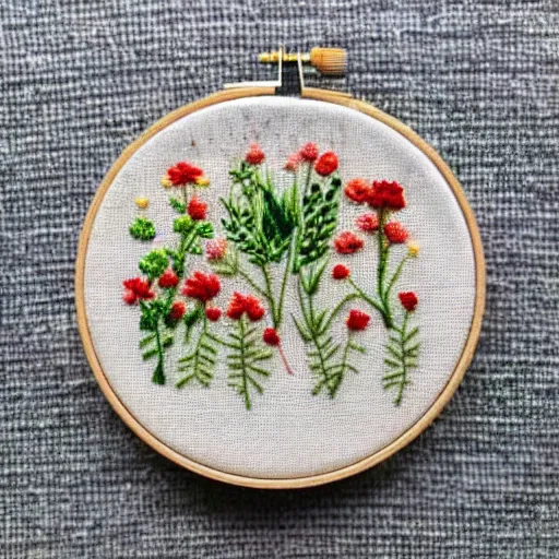 Image similar to a tiny beautiful handmade embroidery of a vegetable patch. hand embroidery.