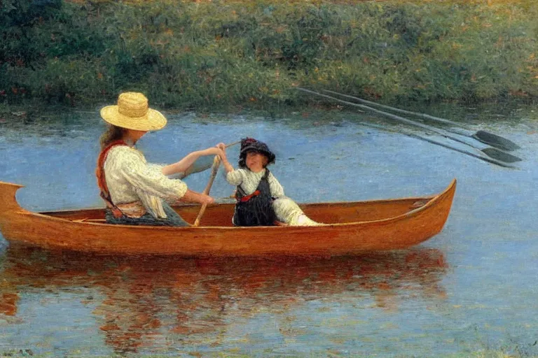 Image similar to new england fisherman, riding in a rowboat with his beautiful victorian daughter, the helping hand by painted by emile renouf,