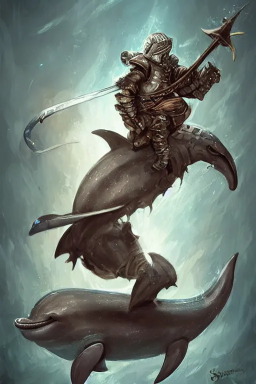 Image similar to cute little anthropomorphic dolphin knight wearing a cape, riding a tiger, tiny, small, miniature , animal, short, adorable, pretty, beautiful, DnD character art portrait, matte fantasy painting, DeviantArt Artstation, by Jason Felix by Steve Argyle by Tyler Jacobson by Peter Mohrbacher, cinematic lighting