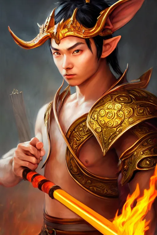 Image similar to a masterpiece portrait of nezha, young elf prince holding spear, flame everywhere, epic pose, fantasy character portrait, closeup shot, hyper detailed, digital painting, 8 k realistic, trending on artstation, sharp focus, dof, by fenghua zhong, artgerm, ne zha from smite, jeff easley, raymond swanland