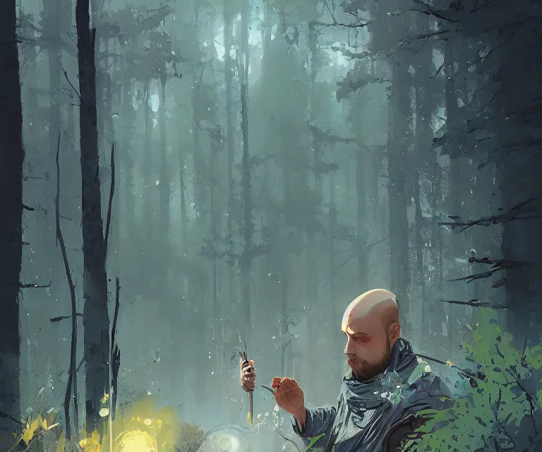 Prompt: painting portrait of a young bald blue - skinned wizard in a forest, by ismail inceoglu