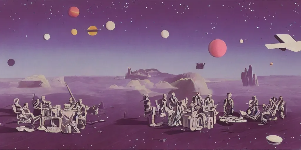 Image similar to surreal painting by chesley bonestell!!, twelve astronauts sitting by the river with a big holiday cake + psychedelic vegetation + purple, pink, blue + planets and stars + mystical fog, vintage sci - fi style of the 5 0 s, rule of the third!!!!, line graphics, 8 k, super detail, high quality