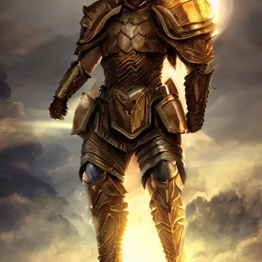 Prompt: A celestial god, wearing the armor of 100 suns standing on a mountain, cinematic, dynic lighting, photorealistic, fantasy concept art, ultra detailed, stunning visuals