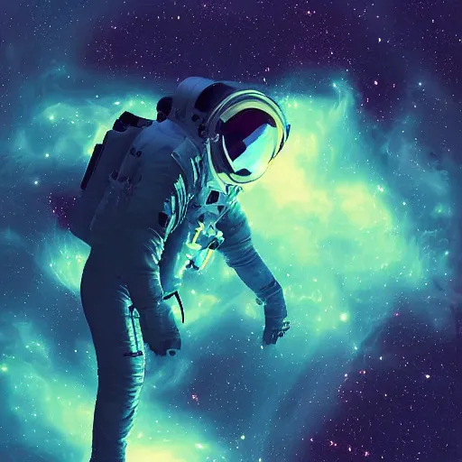 Image similar to portrait of an astronaut floating in a nebula, digital art, detailed