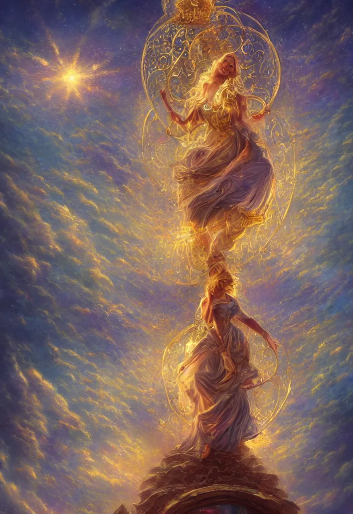 Prompt: a woman trapped in s giant celestial hourglass made of gold thomas kinkade magical, fantasy, trending on artstation, digital art.