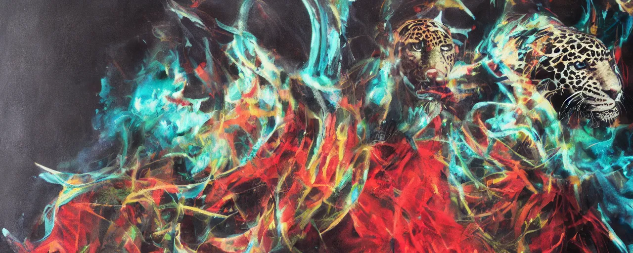 Prompt: the painting of a shaman turning into a jaguar 4 k render