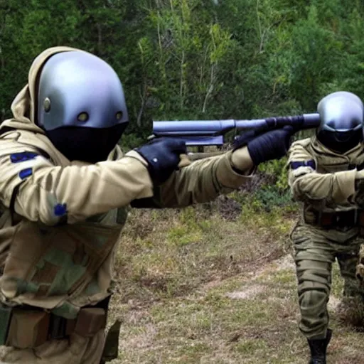 Prompt: spetsnaz pointing guns at an extraterrestrial zeta reticulan grey alien martian