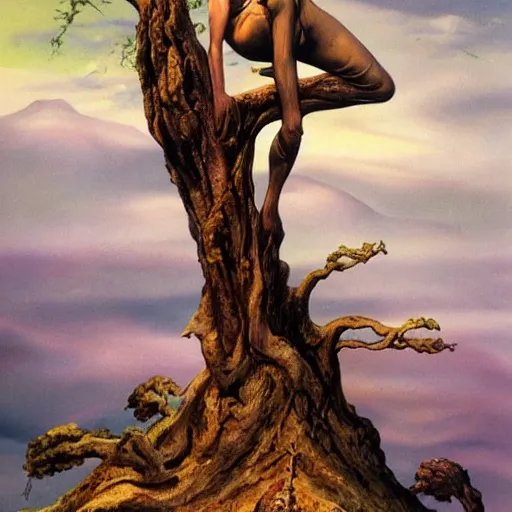 Prompt: a creature sitting on a twisted tree on a rocky outcrop, by boris vallejo and frank frazetta