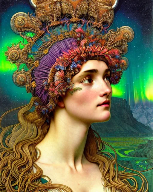 Prompt: hyperrealistic detailed face portrait of the beautiful goddess of the northern lights with an intricate headgear of a beautiful landscape, art by ernst haeckel, john william godward, android jones, alphonso mucha, h. r. giger, gothic - cyberpunk, ornamental, beautiful deep colours,