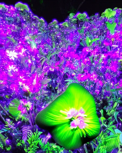 Image similar to uv - induced visible fluorescence in tropical pandora flowers and mushrooms blossom at night, dark background