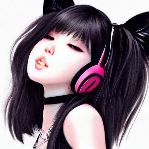 Image similar to realistic beautiful gorgeous natural cute Blackpink Lalisa Manoban black hair cute fur black cat ears, wearing white camisole, headphones, black leather choker artwork drawn full HD 4K highest quality in artstyle by professional artists WLOP, Taejune Kim, Guweiz on Artstation Pixiv