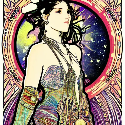 Image similar to bohemian vibes, alphonse mucha yoji shinkawa, stars and moons, and sunsets and intergalactic trippy psychedelic