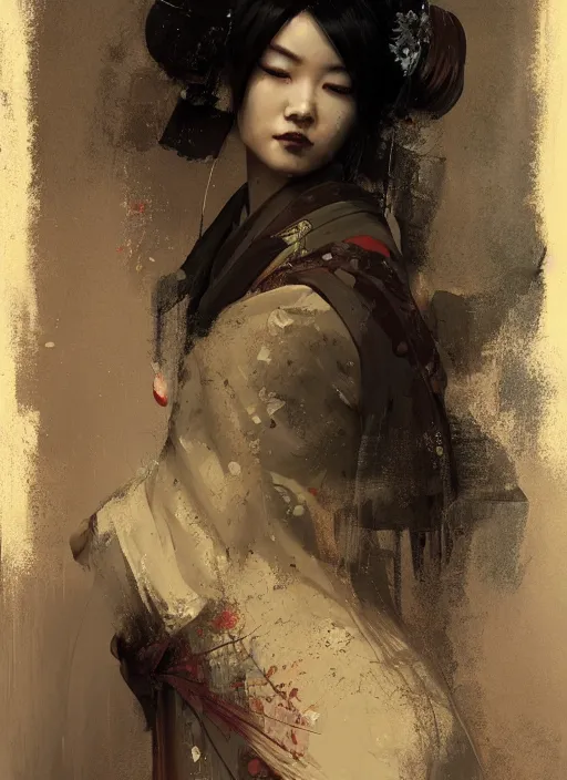 Prompt: female geisha girl, beautiful face, rule of thirds, intricate outfit, spotlight, by justin gerard, by greg rutkowski, by jeremy mann, digital painting