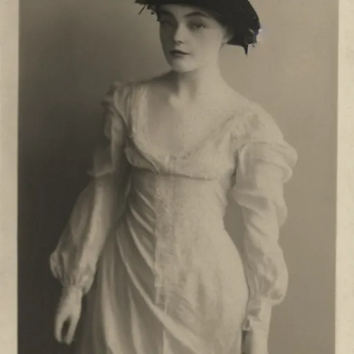 Image similar to Edwardian photograph of Elle Fanning, silk dress, 1910s, 1900s, 1920s, grainy, detailed, realistic