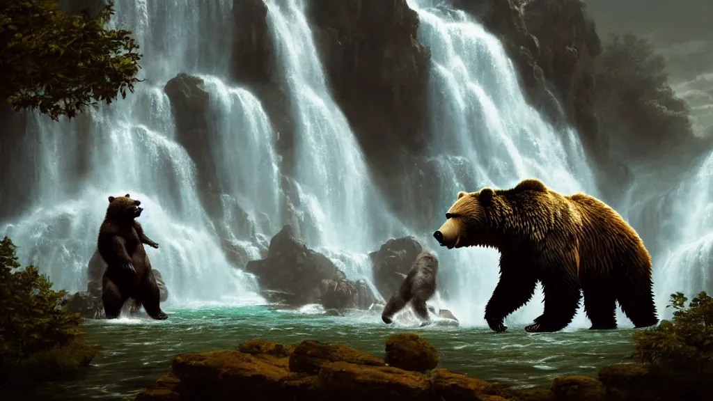 Prompt: giant grizzly bear looming down at some human poachers near a waterfall, dark fantasy, dnd, extremely detailed, sharp focus, smooth, matte painting, concept art, vaporwave style, chiaroscuro, trending on artstation!!!
