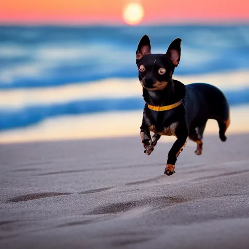 Prompt: high quality action photograph of a black and tan chihuahua running along a beach at sunset, boats in the background, golden hour, beautiful light, seaside, seashore, 2 0 0 mm, f 4, canon, nikon, flickr, 5 0 0 px, behance, award winning photograph