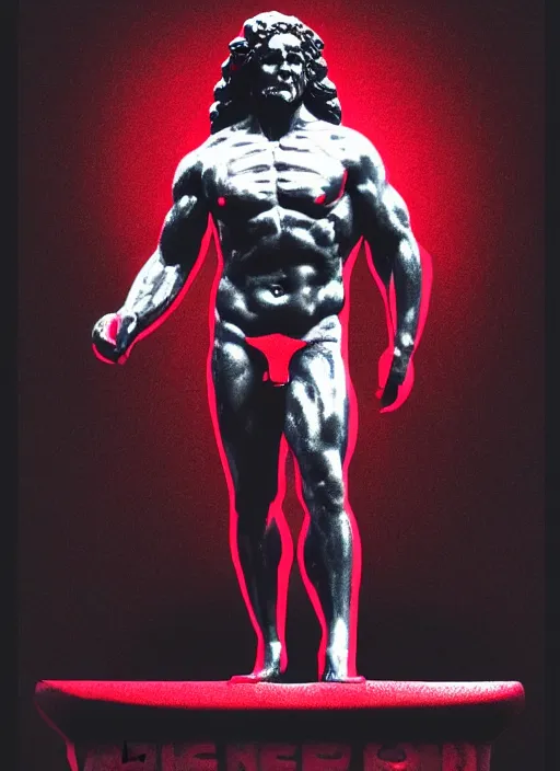 Prompt: design poster showing a statue of hercules, black background with very subtle red and purple design elements, powerful, nekro, vito acconci, thin straight lines, dark, glitch art, neo vaporwave, gritty, layout frame, square, trending on artstation