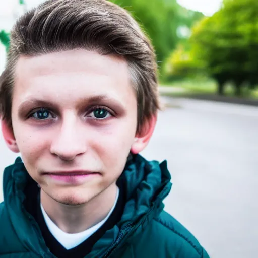 Prompt: a personal close up portrait of a 9 year old man from czech republic, his hair is brown and short, his eyes are green, his face is symmetric and friendly, he's proud to be where he is in life, black jacket, ambient light, beautiful composition, magazine photography, full frame, 5 0 mm, f 1. 8