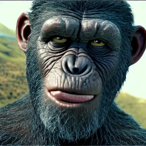 Image similar to cesar from planet of the apes but he looks like andy serkis