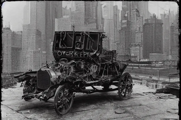 Image similar to cyberpunk 1 9 0 8 model ford t by paul lehr, jesper ejsing, metropolis, parked by view over city, vintage film photo, robotic, damaged photo, scratched photo, silent movie, black and white photo