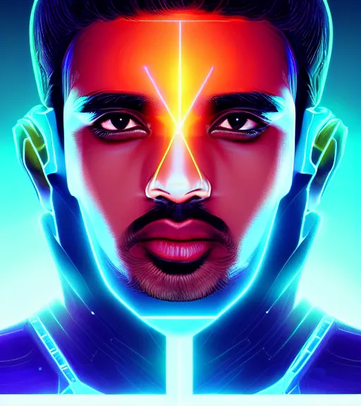 Image similar to symmetry!! indian prince of technology, solid cube of light, hard edges, product render retro - futuristic poster scifi, lasers and neon circuits, brown skin handsome indian prince, intricate, elegant, highly detailed, digital painting, artstation, concept art, smooth, sharp focus, illustration, dreamlike, art by artgerm