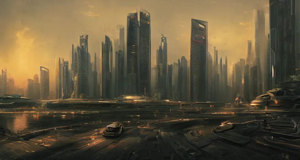 Image similar to futuristic oriental robotic singapore jerusalem dubai city, long shot cinematic epic lighting concept art wide shot digital art trending on artstation 4 k extremely detailed cinematic realistic evening time, contrast dusk vegetation water futuristic suburbs by greg rutkowski martin ansin john blanche alejandro burdisio, photographed by victor enrich