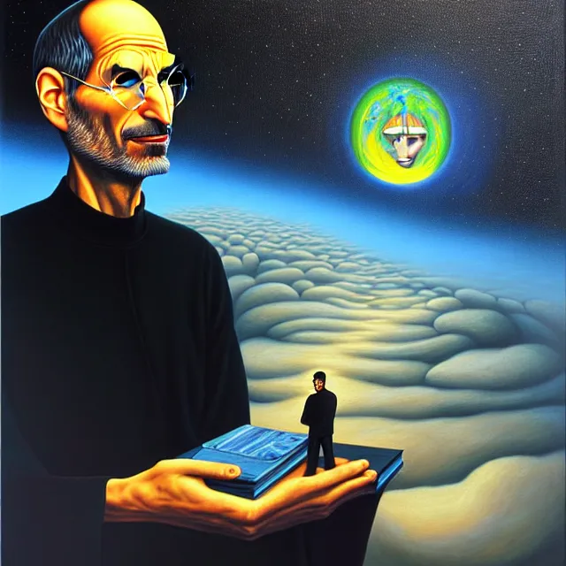 Prompt: an oil on canvas portrait painting of steve jobs, surrealism, surrealist, cosmic horror, rob gonsalves, high detail