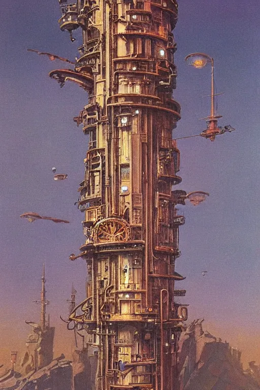 Image similar to steampunk tower by ralph mcquarrie and frank lloyd frank lloyd and bruce pennington and ted nasmith