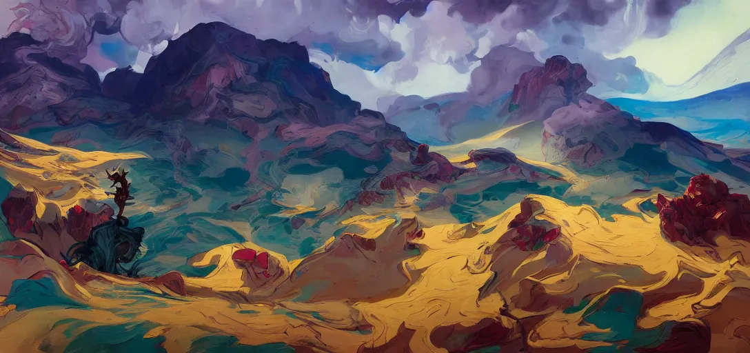 Image similar to over the hills, by peter mohrbacher, dream as a horse, jeremy man, francoise nielly, van gogh, ross tran, beautiful, award winning scenery