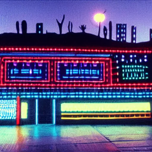 Image similar to cybernetic neon lit ndebele homestead seen from the front, street scene in blade runner