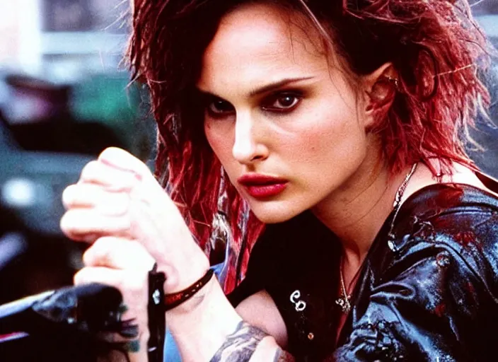 Prompt: promotional image of natalie portman as a british punk rocker in the 80s, rugged black clothes, dyed short hair, tatoos, detailed face, movie still frame, promotional image, imax 70 mm footage