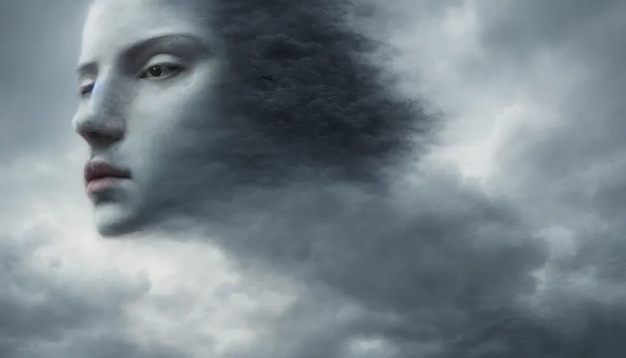 Image similar to face in the clouds, face made out of clouds, intricate,, highly detailed, digital painting, smooth, sharp focus, illustration, art by gustave dore, octane render