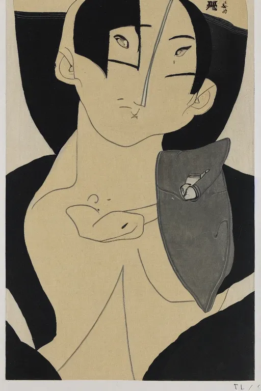 Image similar to portrait of young man wearing black medical mask, style of tsuguharu foujita