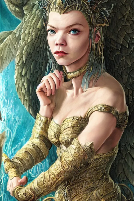 Image similar to A fantasy comic book style portrait painting of Cory Chase, hybrid, Anya Taylor-Joy, as an Atlantean Reptilian Warrior, François Boucher, Oil Painting, Mystical, Modest, Valkyrie, wearing intricately designed, jewel inlaid Armor, unreal 5, DAZ, hyperrealistic, octane render, Regal, Refined, Detailed Digital Art, RPG portrait, William-Adolphe Bouguereau, Michael Cheval, Walt Disney (1937), Steampunk, dynamic lighting, Highly Detailed, Cinematic Lighting, Unreal Engine, 8k, HD