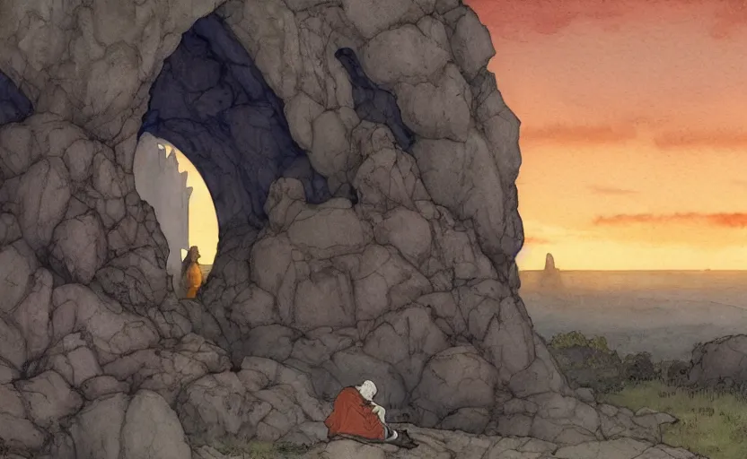 Prompt: a hyperrealist watercolor concept art of a medieval monk in grey robes looking at a sunset through a rock arch dimensional portal to an alien world. very muted colors, by rebecca guay, michael kaluta, charles vess. high detail, hq, wide shot, 4 k