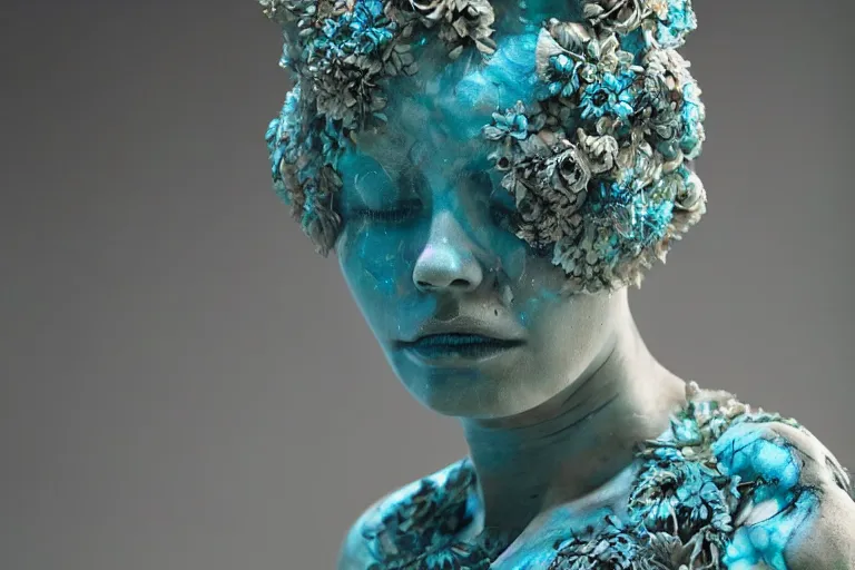 Prompt: a sculpture of a beautiful woman with flowing tears, turquoise fractal flowers on the skin, intricate, a marble sculpture by nicola samori, behance, neo - expressionism, marble sculpture, made of mist, still frame from the prometheus movie by ridley scott with cinematogrophy of christopher doyle, arri alexa, 8 k