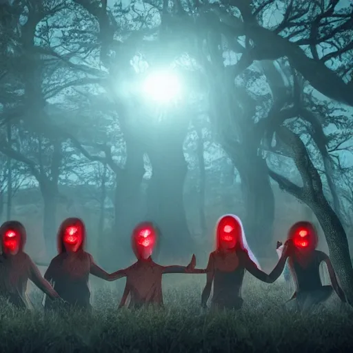 Prompt: a cult of aliens with glowing red eyes performing a séance in a haunted forest