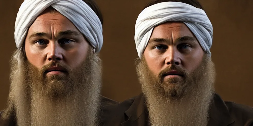 Prompt: Leonardo DiCaprio as Osama Bin Laden in 'Bin' (2024), movie still frame, oscar nominated cinematography, volumetric lighting, 8k resolution, beautiful composition
