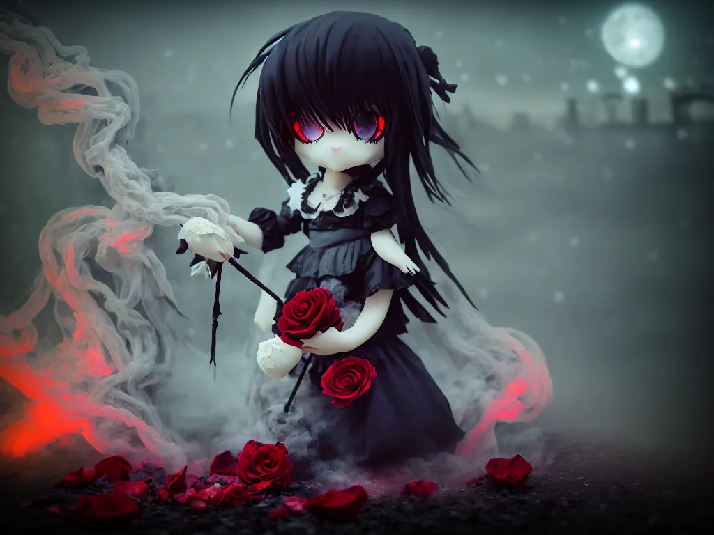 Image similar to cute fumo plush of a gothic maiden girl clutching lots of decayed roses, stale twilight, swirling vortices of emissive smoke and volumetric fog over the river, bokeh, vignette, vray