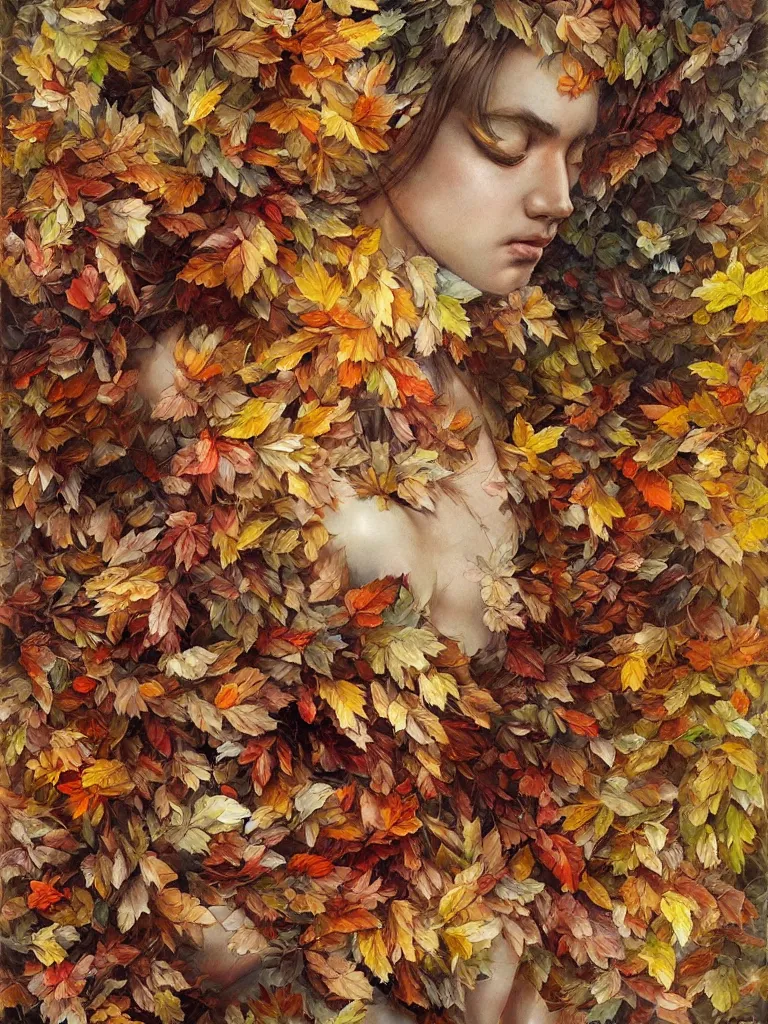 Prompt: a chaotic whirlwind of autumn leaves, intricate details, aesthetically pleasing and harmonious natural colors, art by marco mazzoni, impressionism, detailed, dark, wind