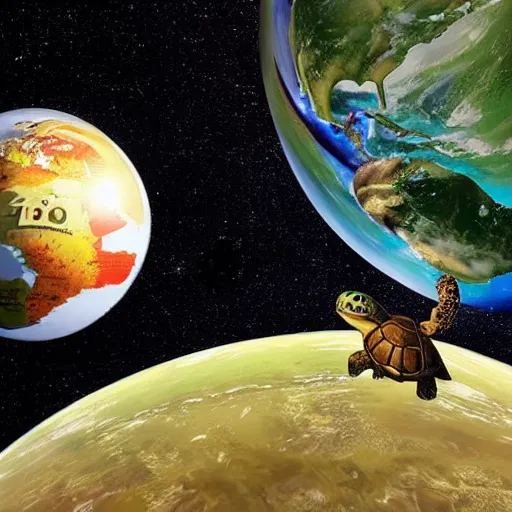 Image similar to a stack of turtles in space beneath a globe of the earth, earth globe on top