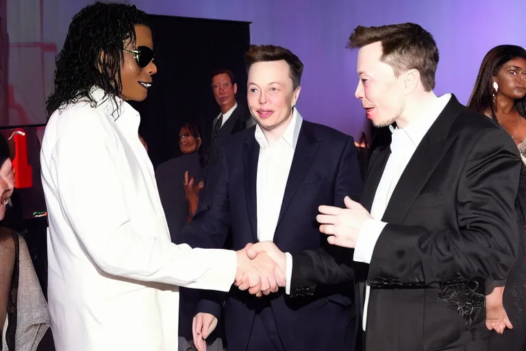 Prompt: michael jackson!!! shaking hands with elon musk!!!