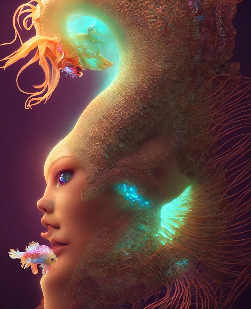 Image similar to goddess close-up portrait. chimera orchid jellyfish phoenix head, nautilus, skull, betta fish, bioluminiscent creatures, intricate artwork by Tooth Wu and wlop and beeple. octane render, trending on artstation, greg rutkowski very coherent symmetrical artwork. cinematic, hyper realism, high detail, octane render, 8k