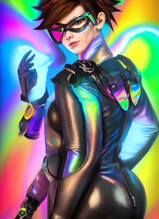 Image similar to portrait digital artwork of tracer overwatch, wearing iridescent rainbow latex and leather straps catsuit outfit, in style of mark arian, angel wings, dramatic painting, wearing detailed leather collar, chains, black harness, detailed face and eyes,