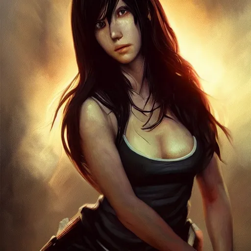 Image similar to Tifa Lockhart portrait, atmospheric lighting, painted, intricate, volumetric lighting, beautiful, rich deep colors masterpiece, golden hour, sharp focus, ultra detailed, by Leesha Hannigan, Ross Tran, Thierry Doizon, Kai Carpenter,Ignacio Fernández Ríos