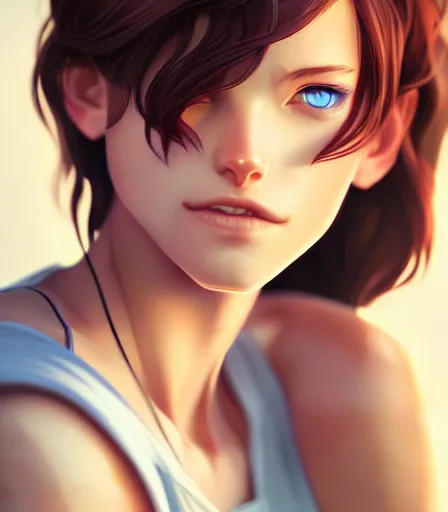 Image similar to portrait of a woman with blue eyes, brown hair and a perfect body, wearing casual, character design by charlie bowater, ross tran, artgerm, and makoto shinkai, detailed, soft lighting, rendered in octane
