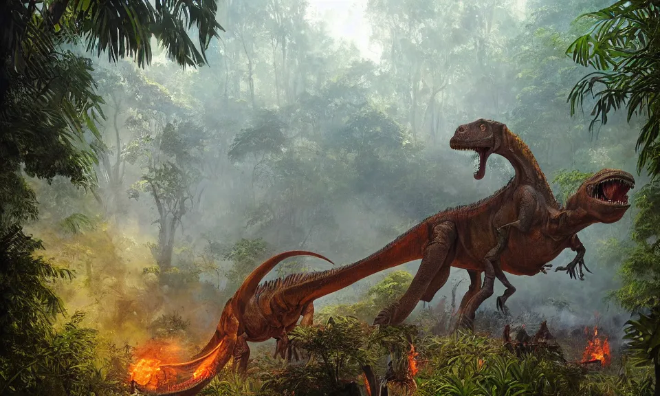 Prompt: a detailed painting of a fire-breathing dinosaur in the jungle, by James Gurney and Greg Rutkowski