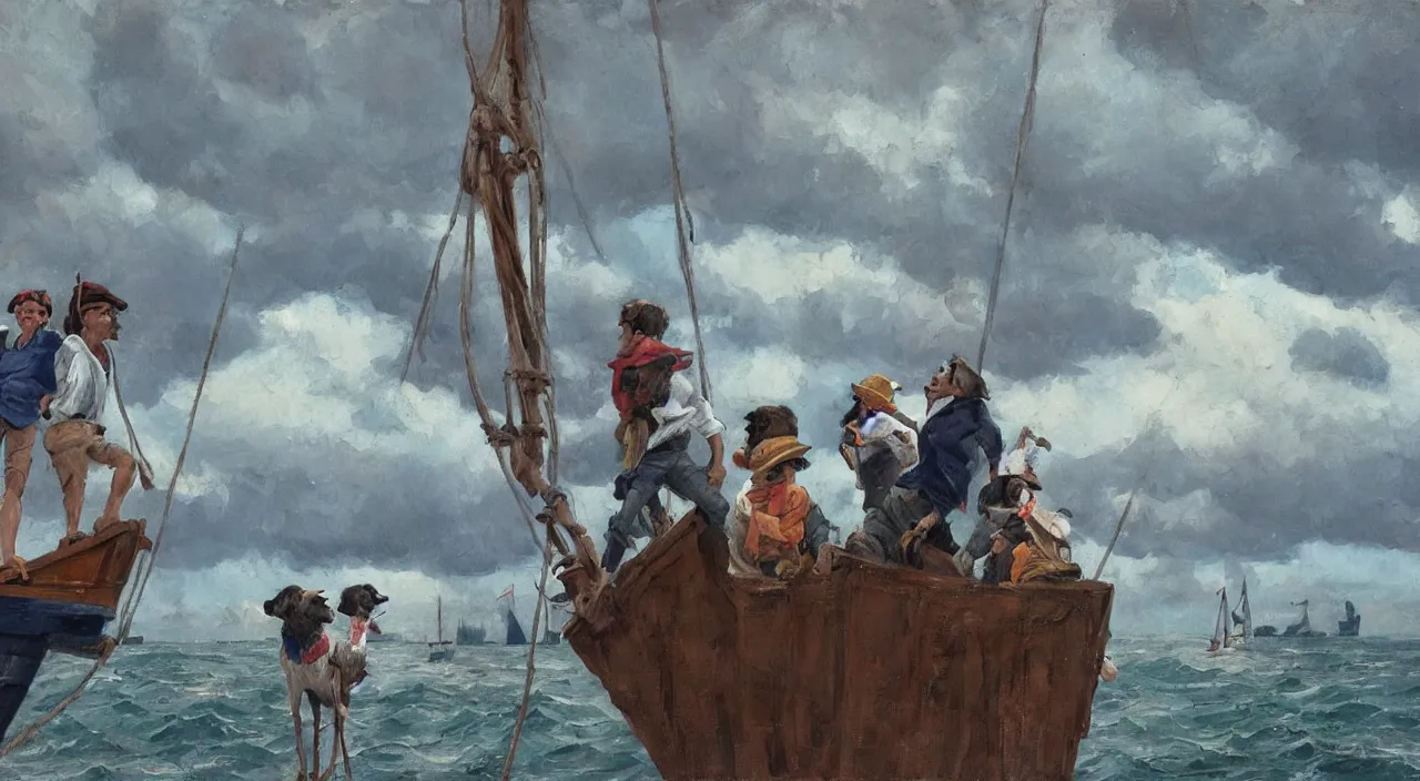 Image similar to havanese dogs and men looking worried, standing on top of a barquetine sailing boat, stormy skies, 1 9 0 0, looking out to the see, leaving the port at havana, 1 9 0 0, tartakovsky, atey ghailan, goro fujita, studio ghibli, rim light, dark lighting, clear focus, very coherent