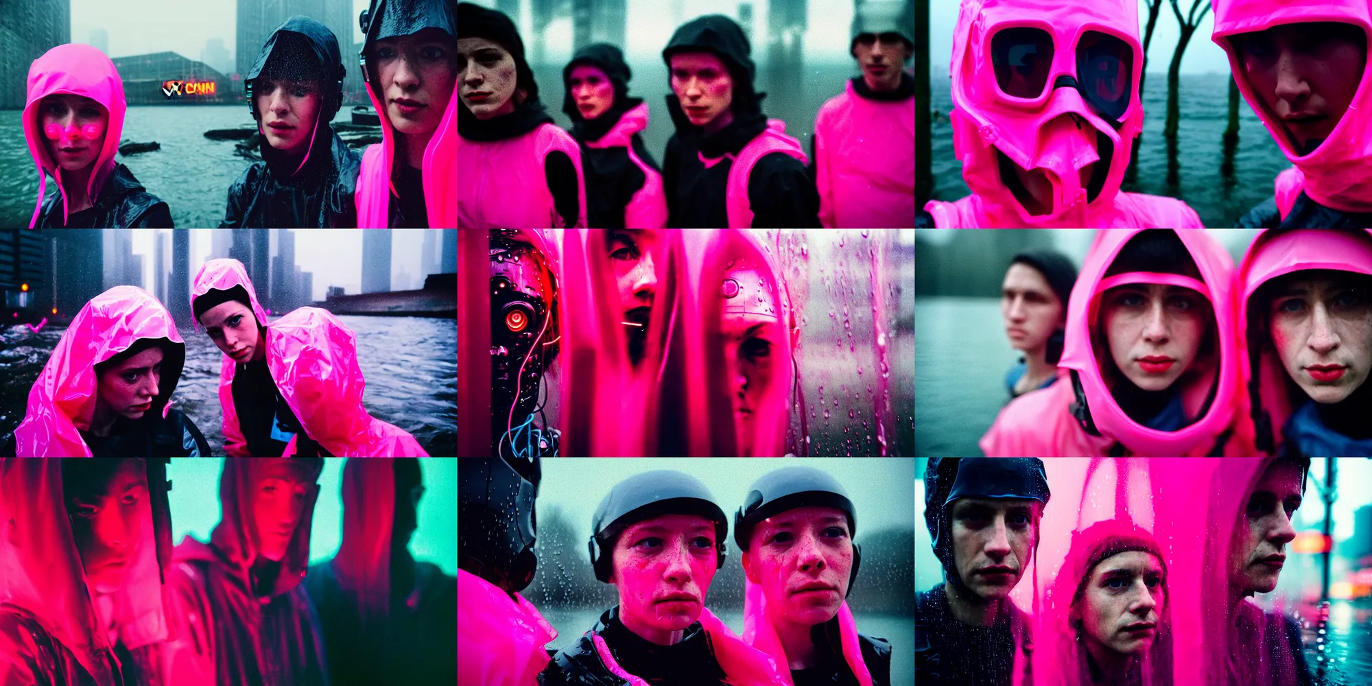 Prompt: cinestill 5 0 d candid photographic portrait by lisette model of two cyborgs wearing rugged neon pink mesh techwear in treacherous waters, extreme closeup, bokeh, modern cyberpunk moody depressing cinematic, pouring rain, 8 k, hd, high resolution, 3 5 mm, f / 3 2, ultra realistic faces, ex machina